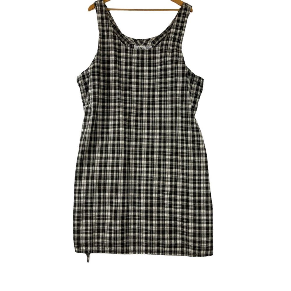 90s Y2K Linen Cotton Scoop Neck Black Gray Plaid Sheath 3X Plus Size Mini Dress